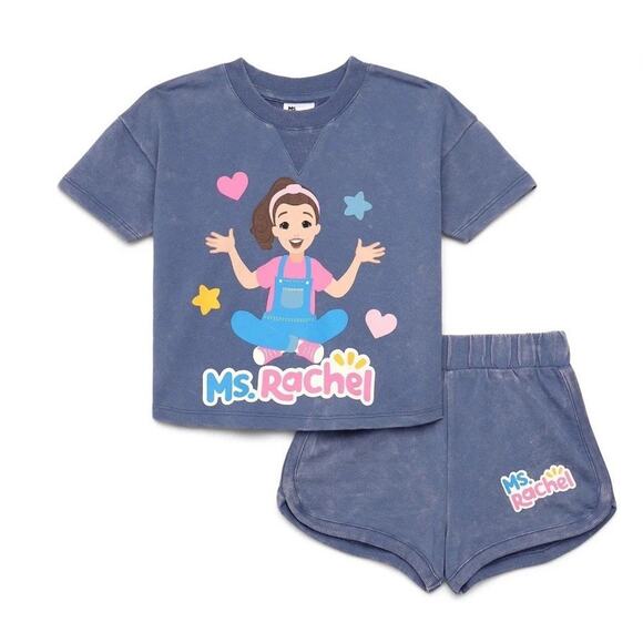 Ms. Rachel Toddler Girl Washed Crewneck Top and Short Set 4T Blue Cute Summer - Picture 2 of 7